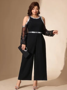 SHEIN LUNE Plus Size Elegant Sequin Cold Shoulder Fashion Loose Jumpsuit Cocktail Party Evening Black Winter - Black - View 5