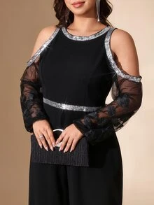 SHEIN LUNE Plus Size Elegant Sequin Cold Shoulder Fashion Loose Jumpsuit Cocktail Party Evening Black Winter - Black - View 3