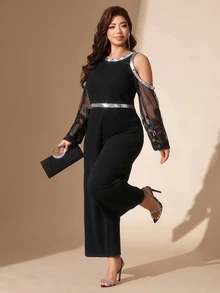 SHEIN LUNE Plus Size Elegant Sequin Cold Shoulder Fashion Loose Jumpsuit Cocktail Party Evening Black Winter - Black - View 9
