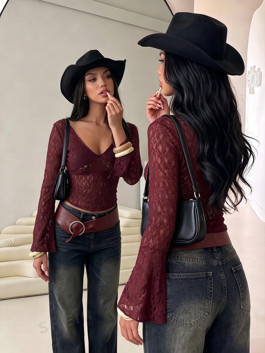 SHEIN Glamour 女款蕾絲拼接休閒性感日常夜店外出長袖T恤 酒紅色 秋季