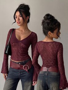 SHEIN Glamour 女款蕾絲拼接休閒性感日常夜店外出長袖T恤 酒紅色 秋季 - 中紫紅色 - 查看 4