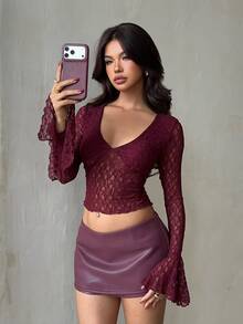 SHEIN Glamour 女款蕾絲拼接休閒性感日常夜店外出長袖T恤 酒紅色 秋季 - 中紫紅色 - 查看 9