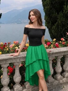 SHEIN MOD 女款純色復古雙層下擺高低裙，適合約會、派對、生日、節慶 - 綠色 - 查看 4