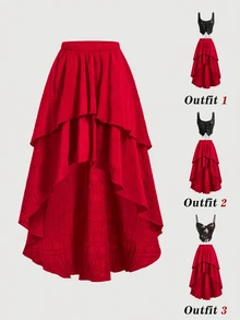 SHEIN MOD تنورة نسائية عتيقة ذات حافة مزدوجة الطبقات، تصميم عالي منخفض، للمواعدة والحفلات وأعياد الميلاد - الأحمر - مشاهدة 1