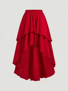 SHEIN MOD تنورة نسائية عتيقة ذات حافة مزدوجة الطبقات، تصميم عالي منخفض، للمواعدة والحفلات وأعياد الميلاد - الأحمر - مشاهدة 3
