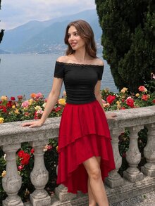 SHEIN MOD تنورة نسائية عتيقة ذات حافة مزدوجة الطبقات، تصميم عالي منخفض، للمواعدة والحفلات وأعياد الميلاد - الأحمر - مشاهدة 6