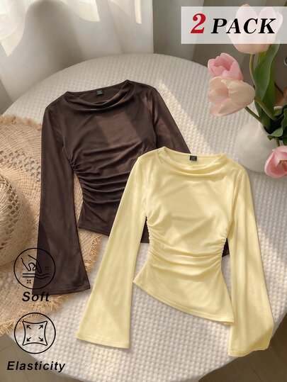 SHEIN MOD Lot de 2 t-shirts femme bordeaux et abricot, col rond, manches longues évasées froncées, taille resserrée, ourlet asymétrique, sous-pull polyvalent