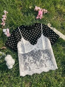 SHEIN MOD Women's Black Polka Dot White Floral 2 In 1 Contrast Lace Round Neck Cropped T-Shirt Date Tea Party Everyday Summer Elegant - Black - View 6