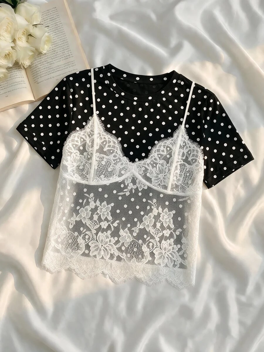 SHEIN MOD Women's Black Polka Dot White Floral 2 In 1 Contrast Lace Round Neck Cropped T-Shirt Date Tea Party Everyday Summer Elegant - Black - View 1