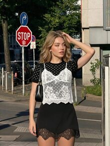 SHEIN MOD Women's Black Polka Dot White Floral 2 In 1 Contrast Lace Round Neck Cropped T-Shirt Date Tea Party Everyday Summer Elegant - Black - View 9