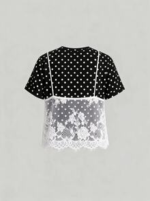 SHEIN MOD Women's Black Polka Dot White Floral 2 In 1 Contrast Lace Round Neck Cropped T-Shirt Date Tea Party Everyday Summer Elegant - Black - View 2