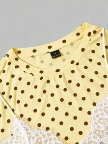 SHEIN MOD 女款白色米色波點 2 合 1 蕾絲拼接圓領短版 T 恤，適合早午餐、茶會，夏季復古可愛優雅風 - 黃色 - 查看 4