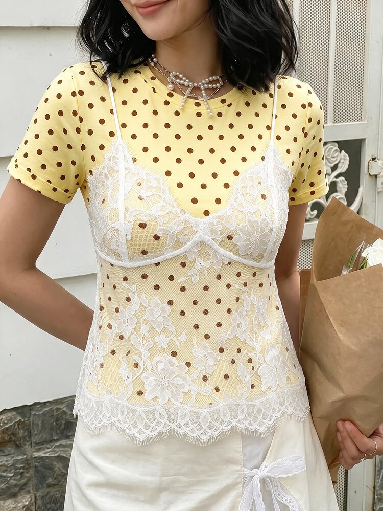 SHEIN MOD Women's White Beige Polka Dot 2 In 1 Lace Patchwork Round Neck Cropped T-Shirt Brunch Tea Party Summer Vintage Elegant - Yellow - View 6