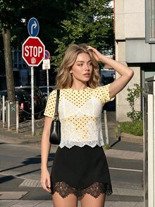 SHEIN MOD 女款白色米色波點 2 合 1 蕾絲拼接圓領短版 T 恤，適合早午餐、茶會，夏季復古可愛優雅風 - 黃色 - 查看 5