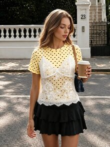 SHEIN MOD 女款白色米色波點 2 合 1 蕾絲拼接圓領短版 T 恤，適合早午餐、茶會，夏季復古可愛優雅風 - 黃色 - 查看 8
