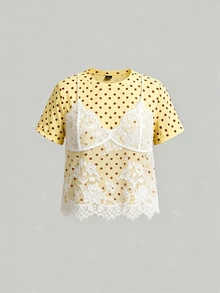 SHEIN MOD 女款白色米色波點 2 合 1 蕾絲拼接圓領短版 T 恤，適合早午餐、茶會，夏季復古可愛優雅風 - 黃色 - 查看 3