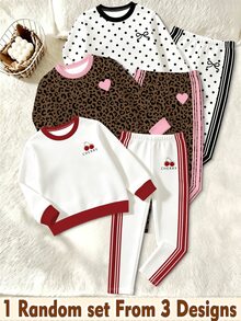 SHEIN 女童可愛櫻桃愛心波點豹紋圓領長袖上衣 + 側條紋長褲，休閒套裝，2件式衛衣與內搭褲套組，3款隨機花色 1套 - 彩色 - 查看 1
