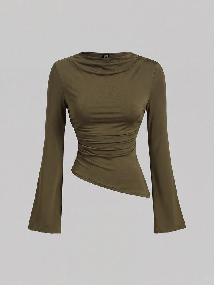 SHEIN MOD Women's 2pcs Burgundy & Apricot Round Neck Ruched Waist Flared Sleeve Asymmetrical Hem Versatile Long Sleeve T-Shirt Base Layer - Army Green - View 3