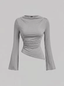 SHEIN MOD 女款 2 件組 酒紅與杏色圓領抓皺腰部喇叭袖不對稱下擺百搭長袖 T 恤內搭層 - 軍綠色 - 查看 7
