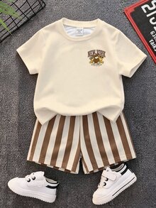 Bubblio Baby Boy Letter & Cartoon Teddy Bear Print Drop Shoulder Tee & Striped Print Shorts Set - Multicolor - View 4