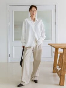 Dazy-Less Women's Solid Color Drop Shoulder Long Sleeve Shirt,Long Sleeve Tops Business Casual Women,Fall Clothes - White - View 6