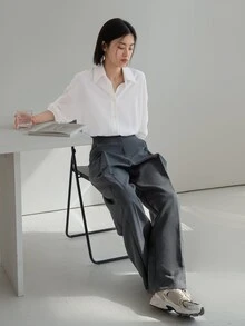 Dazy-Less Women's Solid Color Drop Shoulder Long Sleeve Shirt,Long Sleeve Tops Business Casual Women,Fall Clothes - White - View 8