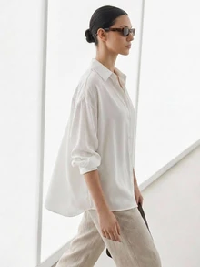 Dazy-Less Women's Solid Color Drop Shoulder Long Sleeve Shirt,Long Sleeve Tops Business Casual Women,Fall Clothes - White - View 17