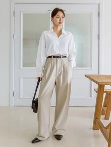 Dazy-Less Women's Solid Color Drop Shoulder Long Sleeve Shirt,Long Sleeve Tops Business Casual Women,Fall Clothes - White - View 2