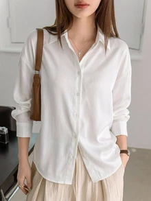 Dazy-Less Women's Solid Color Drop Shoulder Long Sleeve Shirt,Long Sleeve Tops Business Casual Women,Fall Clothes - White - View 16