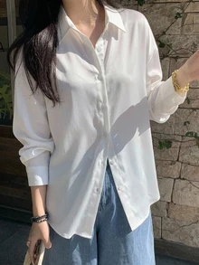 Dazy-Less Women's Solid Color Drop Shoulder Long Sleeve Shirt,Long Sleeve Tops Business Casual Women,Fall Clothes - White - View 15