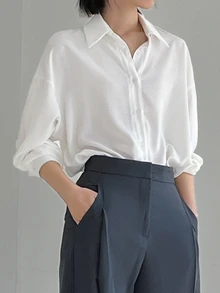 Dazy-Less Women's Solid Color Drop Shoulder Long Sleeve Shirt,Long Sleeve Tops Business Casual Women,Fall Clothes - White - View 10