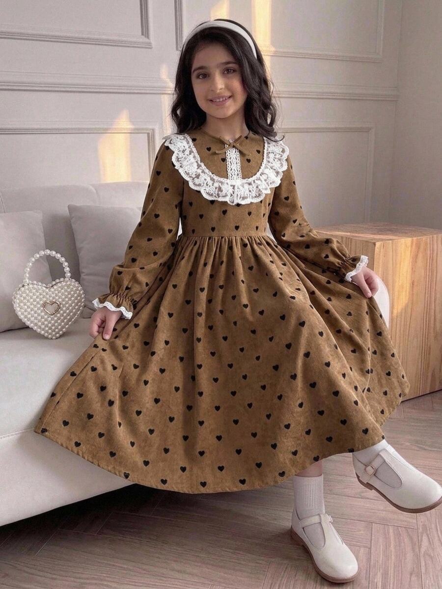 Kids Tween Girl Autumn/Winter Casual Elegant Commute Corduroy Heart Print Contrast Lace Trim Ruched Full Skirt Dress - Brown - View 1