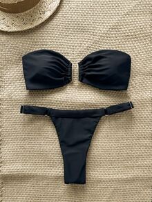 SHEIN Swim Conjunto de 2 piezas de top bandeau de unicolor con decoración metálica y tanga estilo bikini para mujer, para vacaciones de primavera - Negro - Ver 3