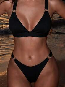 SHEIN Swim Summer Beach Rib Ring Linked High Cut Bikini - Black - View 4