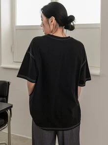 Dazy-Less Women's Round Neck Short Sleeve T-Shirt Summer Oversized T-Shirt Preppy Tops Business Casual Woman Work Clothes - Black - View 10