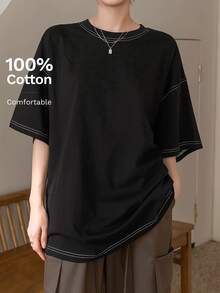 Dazy-Less Women's Round Neck Short Sleeve T-Shirt Summer Oversized T-Shirt Preppy Tops Business Casual Woman Work Clothes - Black - View 13