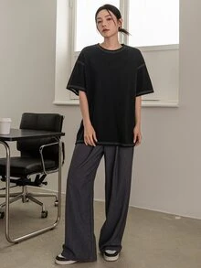 Dazy-Less Women's Round Neck Short Sleeve T-Shirt Summer Oversized T-Shirt Preppy Tops Business Casual Woman Work Clothes - Black - View 6