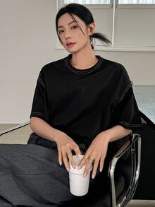 Dazy-Less Women's Round Neck Short Sleeve T-Shirt Summer Oversized T-Shirt Preppy Tops Business Casual Woman Work Clothes - Black - View 11