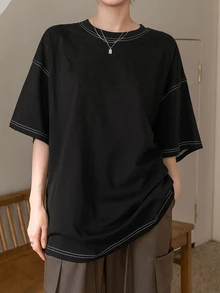 Dazy-Less Women's Round Neck Short Sleeve T-Shirt Summer Oversized T-Shirt Preppy Tops Business Casual Woman Work Clothes - Black - View 14