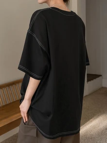 Dazy-Less Women's Round Neck Short Sleeve T-Shirt Summer Oversized T-Shirt Preppy Tops Business Casual Woman Work Clothes - Black - View 5