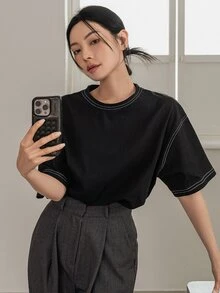 Dazy-Less Women's Round Neck Short Sleeve T-Shirt Summer Oversized T-Shirt Preppy Tops Business Casual Woman Work Clothes - Black - View 12