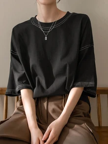 Dazy-Less Women's Round Neck Short Sleeve T-Shirt Summer Oversized T-Shirt Preppy Tops Business Casual Woman Work Clothes - Black - View 3