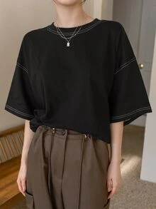 Dazy-Less Women's Round Neck Short Sleeve T-Shirt Summer Oversized T-Shirt Preppy Tops Business Casual Woman Work Clothes - Black - View 4