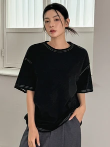Dazy-Less Women's Round Neck Short Sleeve T-Shirt Summer Oversized T-Shirt Preppy Tops Business Casual Woman Work Clothes - Black - View 8