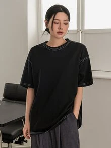 Dazy-Less Women's Round Neck Short Sleeve T-Shirt Summer Oversized T-Shirt Preppy Tops Business Casual Woman Work Clothes - Black - View 7