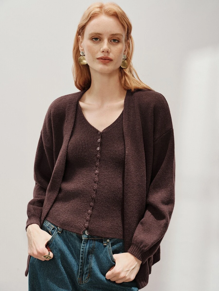 Aveloria Modichic Women's 2 Pieces Sweater Set Drop Shoulder Loose Fit Knit V-Neck Button Vest Cardigan Elegant Brown Solid Autumn Outfits For Women Holiday - Coffee Brown - View 1