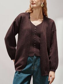 Aveloria Modichic Women's 2 Pieces Sweater Set Drop Shoulder Loose Fit Knit V-Neck Button Vest Cardigan Elegant Brown Solid Autumn Outfits For Women Holiday - Coffee Brown - View 3