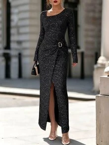 SHEIN Atmospheric Glitter Asymmetrical Neckline Mid-Length Dress, Metal Ring Decor Slim Fit Slit Evening Gown - Black - View 8