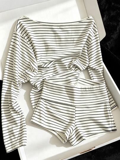IslaSuriya Black & White Striped Cold Shoulder Long Sleeve Top + High Waist Shorts 2-Piece Set, Sexy Casual Outfit For Women