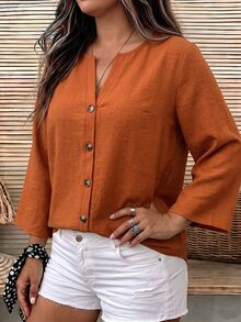 SHEIN LUNE Plus Size Women Solid Color Notch V-Neck Casual Everyday Blouse Fall - Multicolor - View 3